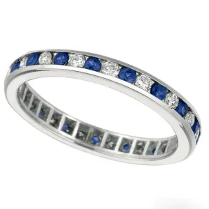 1.04 Carat Natural Diamond & Sapphire Eternity Channel Ring Band 14K White Gold