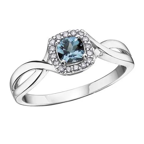 10K White Gold (December) Birthstone Blue Topaz and Diamond Halo Ring