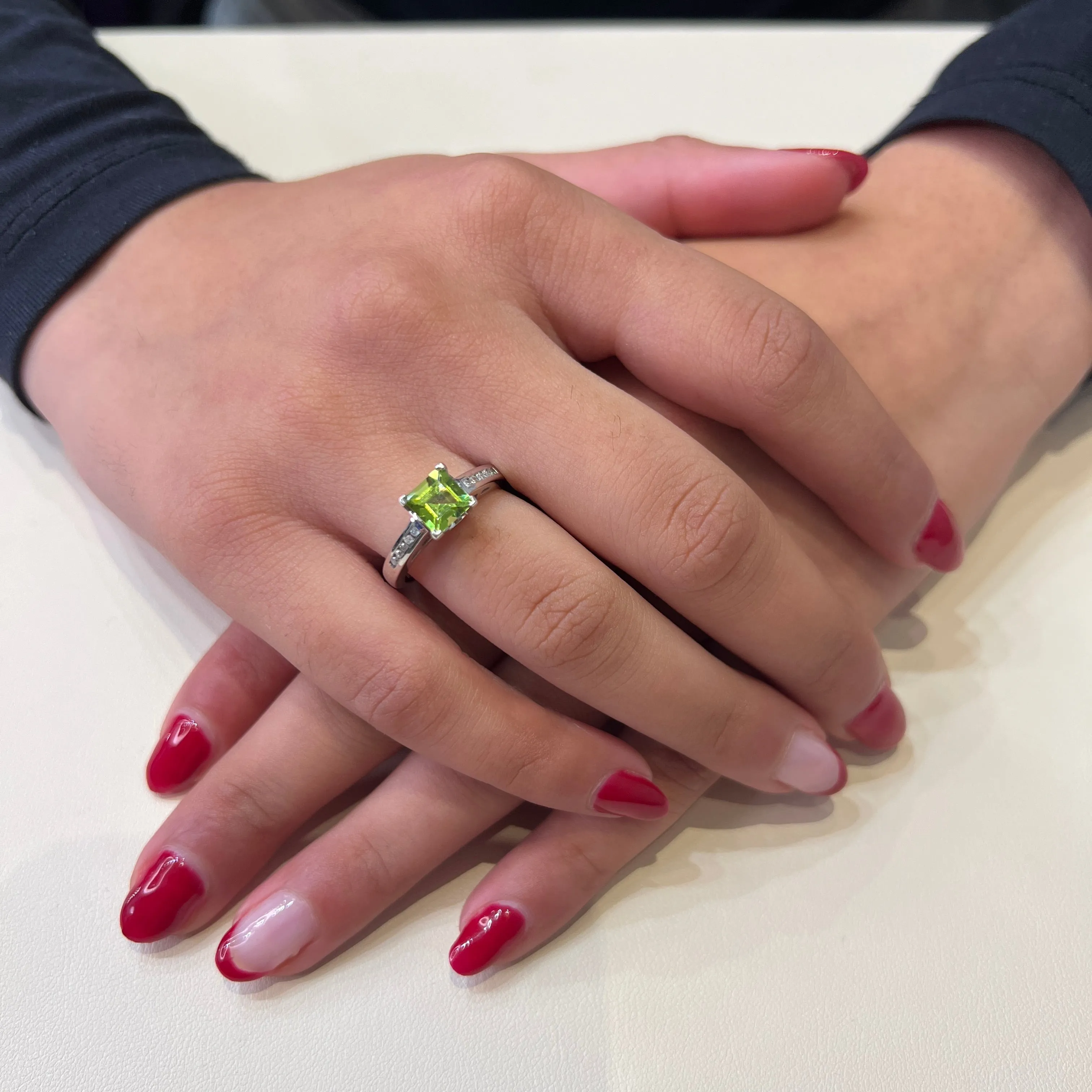 10K White Gold Princess Cut Peridot and Diamonds Ring