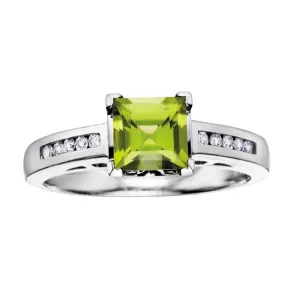 10K White Gold Princess Cut Peridot and Diamonds Ring