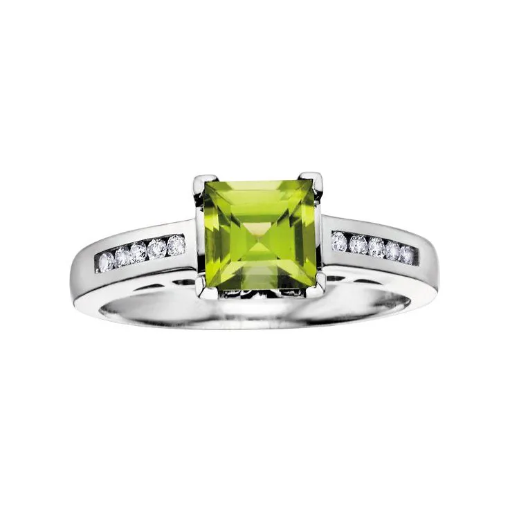 10K White Gold Princess Cut Peridot and Diamonds Ring