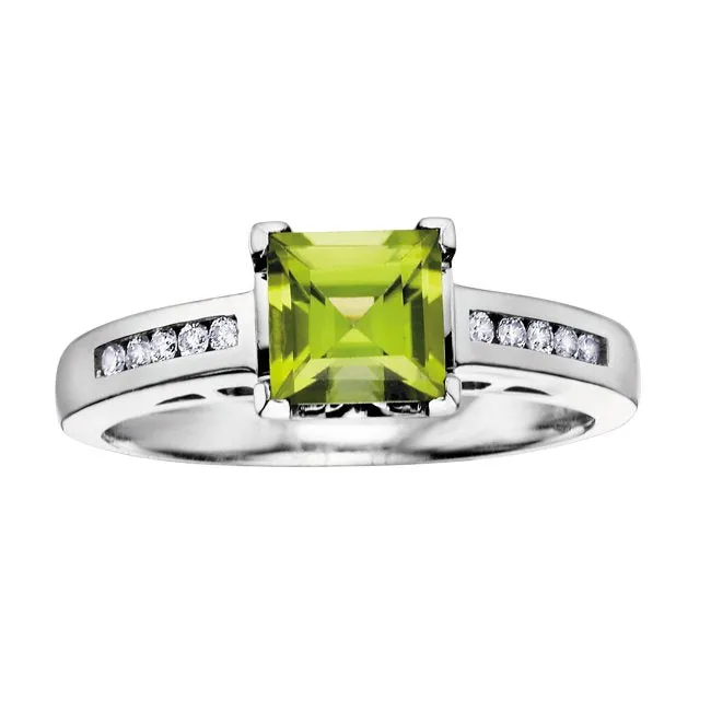 10K White Gold Princess Cut Peridot and Diamonds Ring