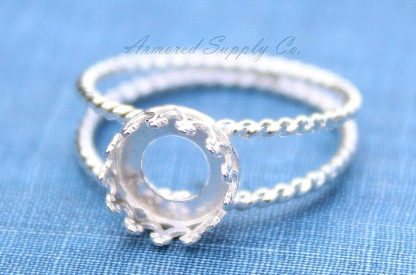 10mm silver Round Crown Bezel Double Rope Band Ring blank