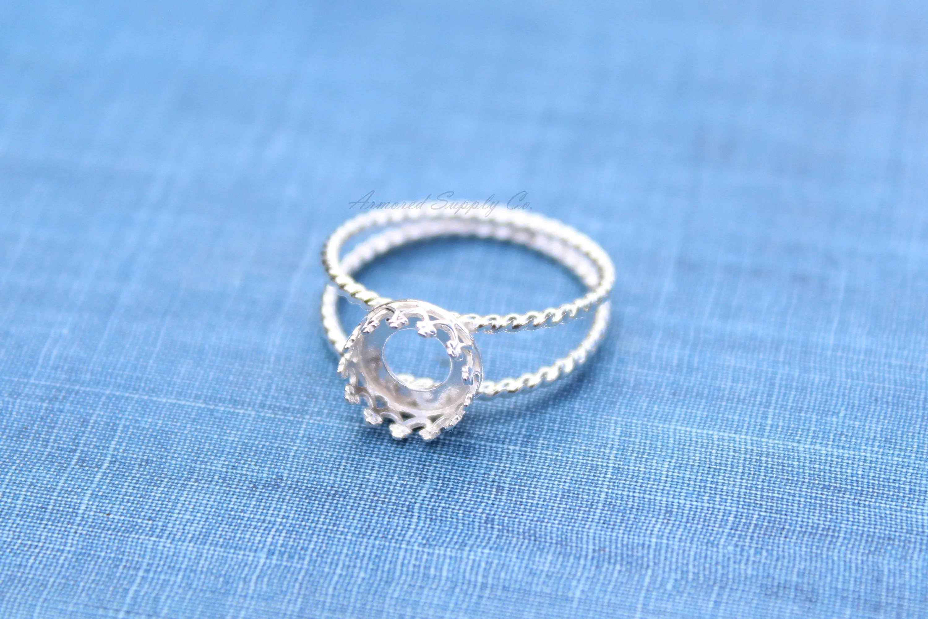 10mm silver Round Crown Bezel Double Rope Band Ring blank
