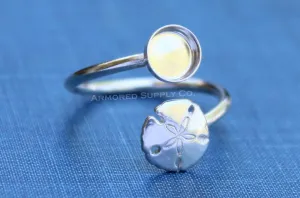 10mm silver Round Sand Dollar Bypass Wrap Adjustable Ring blank