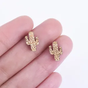 12*7mm DIY Laser Cut Wooden Earring Cactus Wood Charm stud earrings wooden laser cut studs women gift 6pcs 10261159