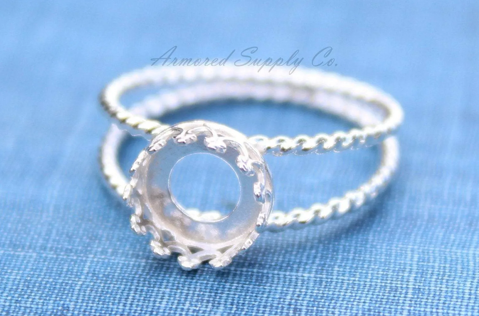 12mm Crown Bezel Sterling Silver Double Rope Band Ring blank