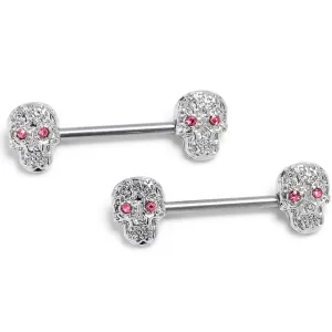 14 Gauge 9/16 316L Steel Skulls Pink Gem with Titanium Barbell Nipple Rings