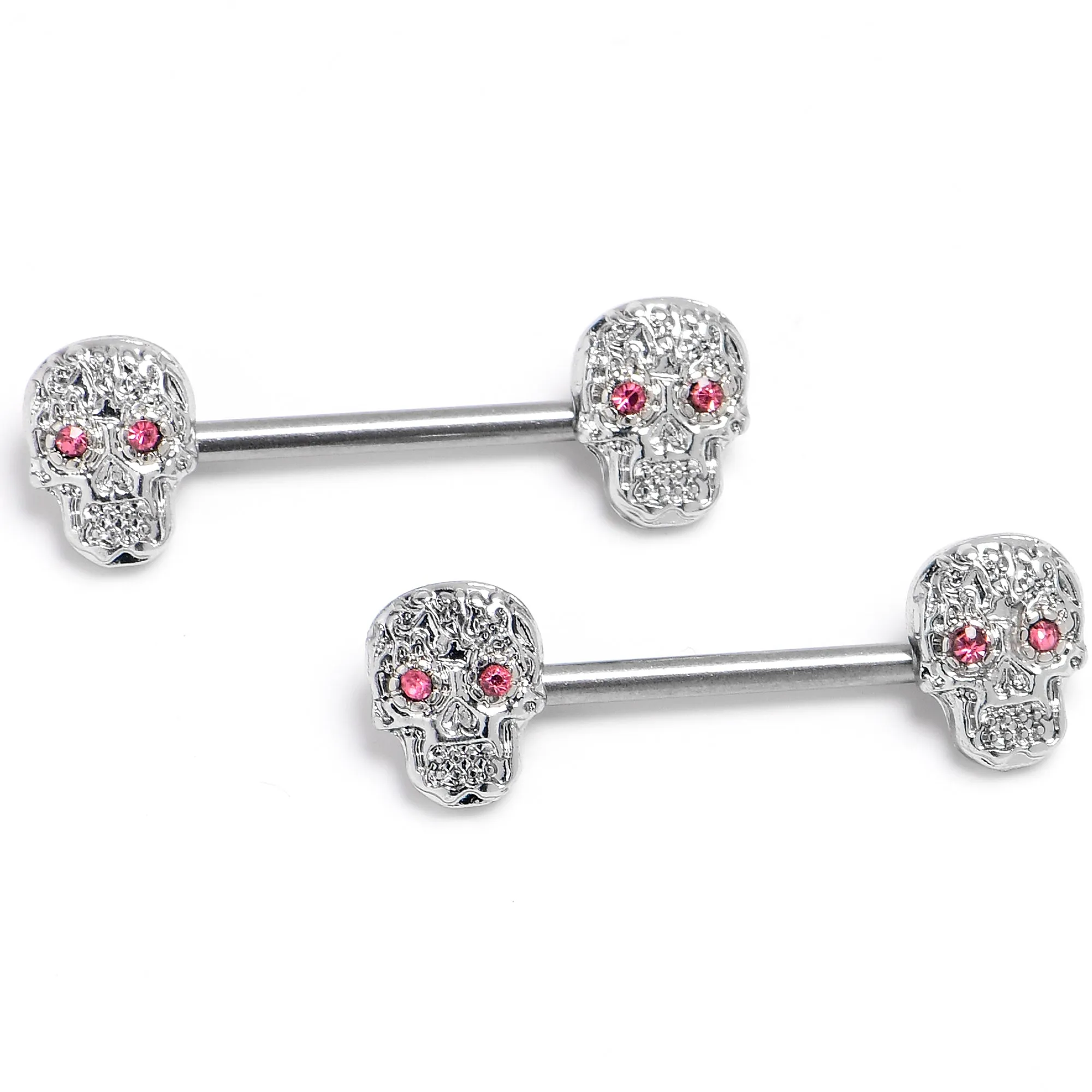 14 Gauge 9/16 316L Steel Skulls Pink Gem with Titanium Barbell Nipple Rings