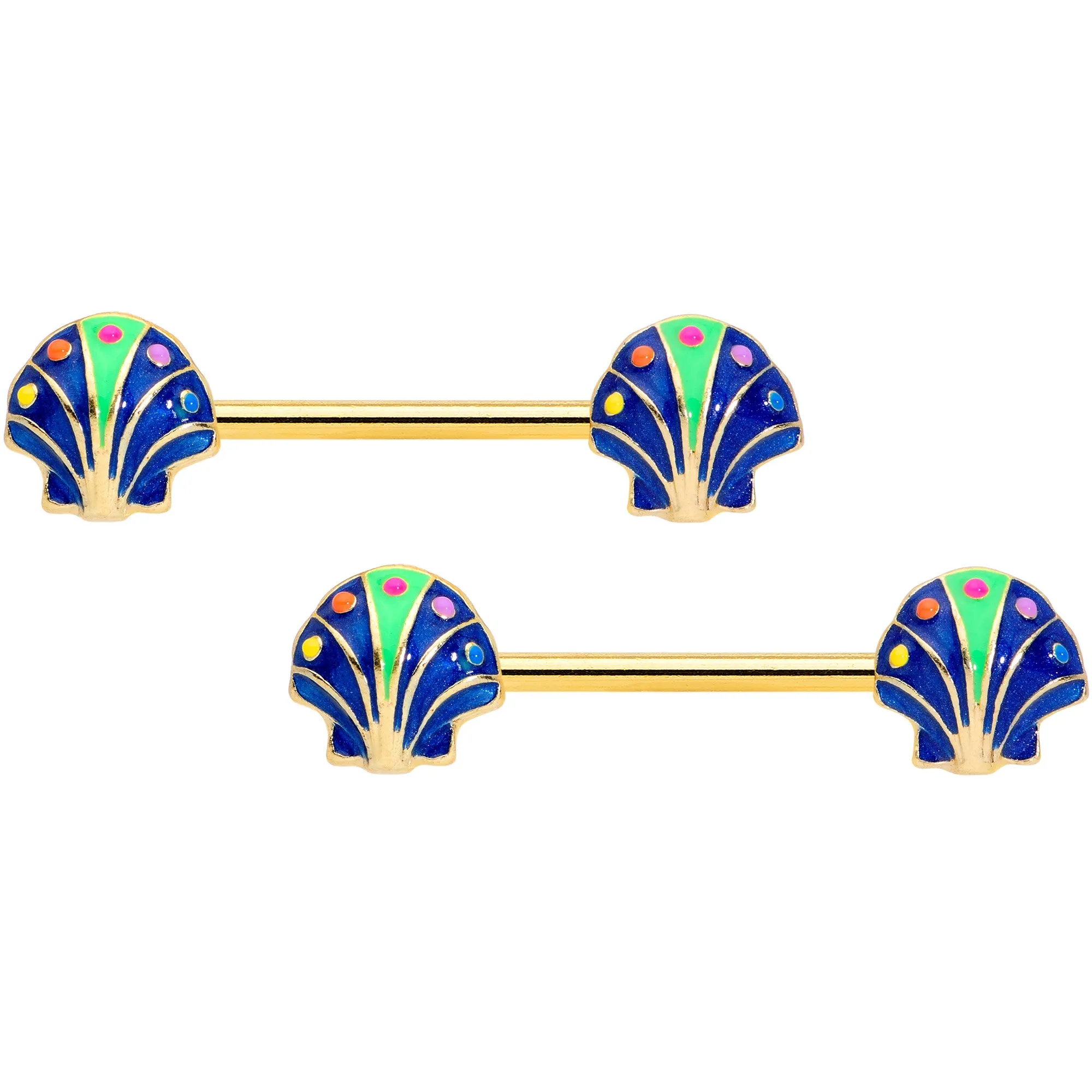 14 Gauge 9/16 Gold Tone Blue Shells Barbell Nipple Ring Set