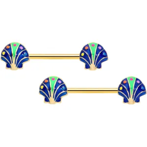 14 Gauge 9/16 Gold Tone Blue Shells Barbell Nipple Ring Set