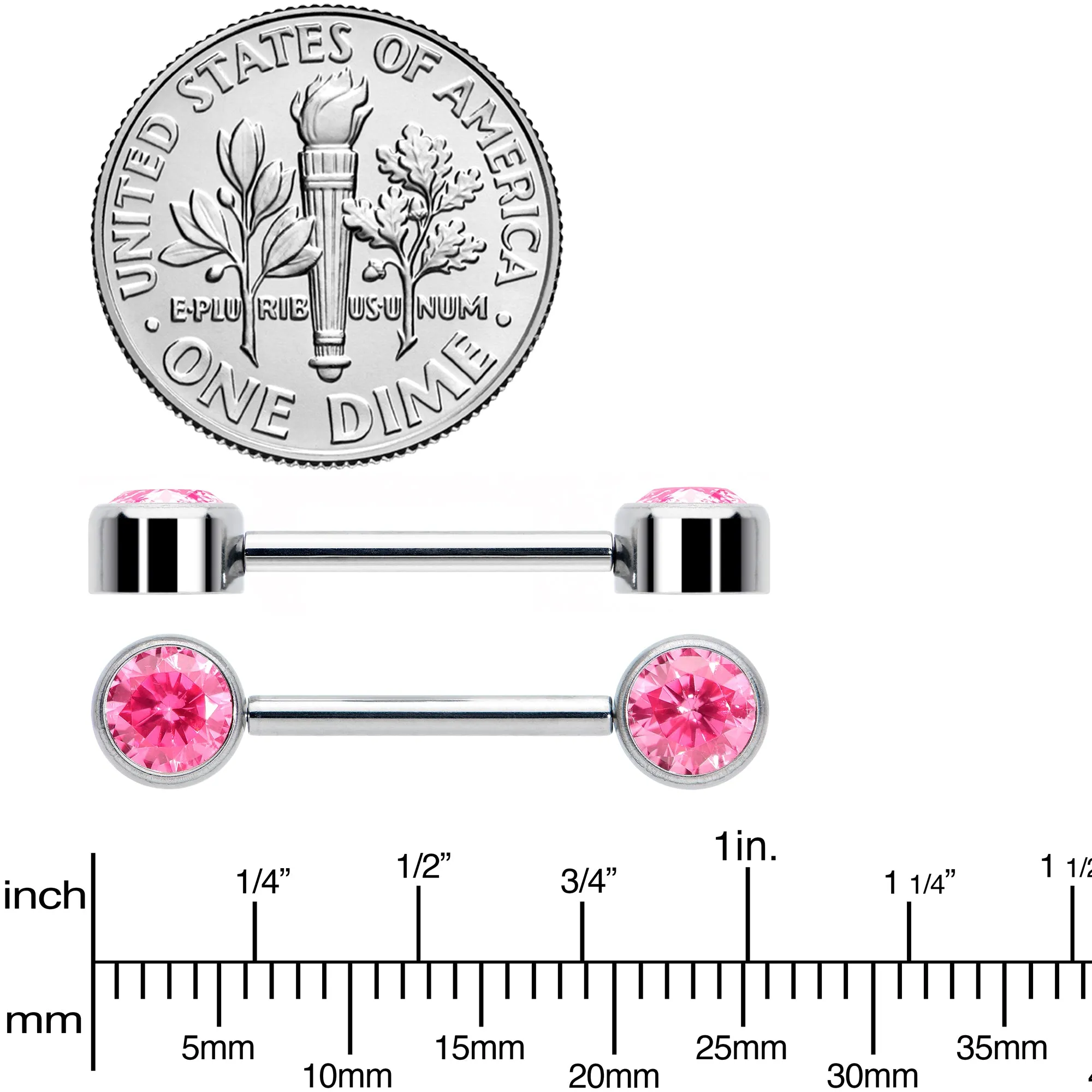 14 Gauge 9/16 Pink CZ Gem G23 Titanium Threadless Nipple Ring Set