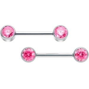 14 Gauge 9/16 Pink CZ Gem G23 Titanium Threadless Nipple Ring Set