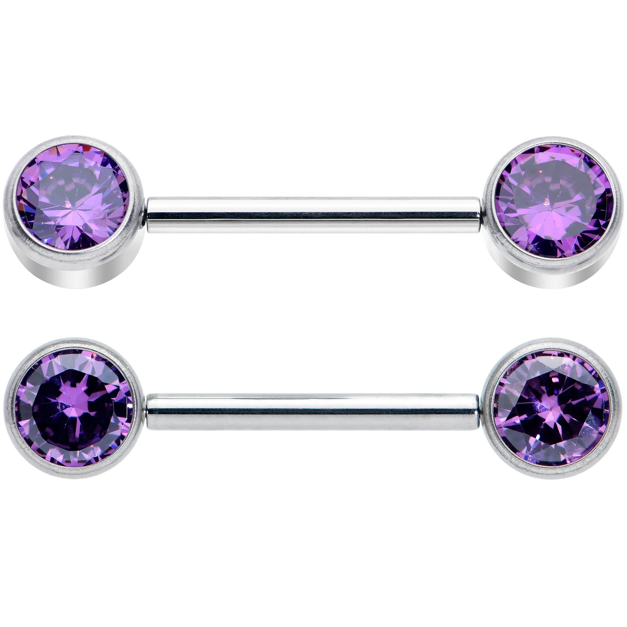14 Gauge 9/16 Purple CZ Gem G23 Titanium Threadless Nipple Ring Set
