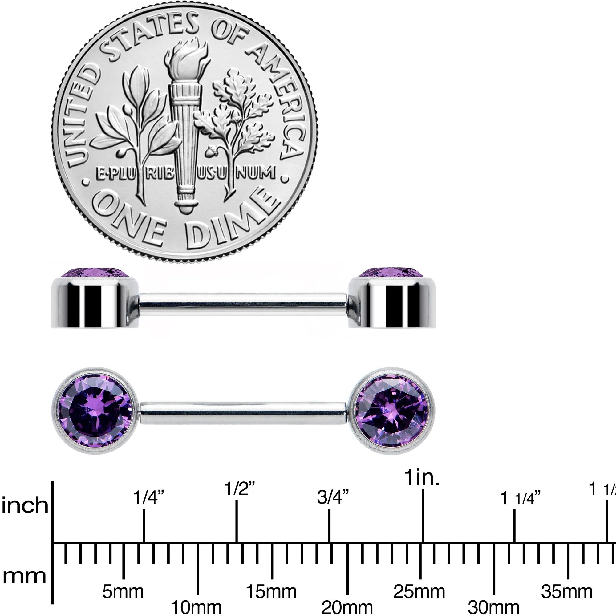 14 Gauge 9/16 Purple CZ Gem G23 Titanium Threadless Nipple Ring Set