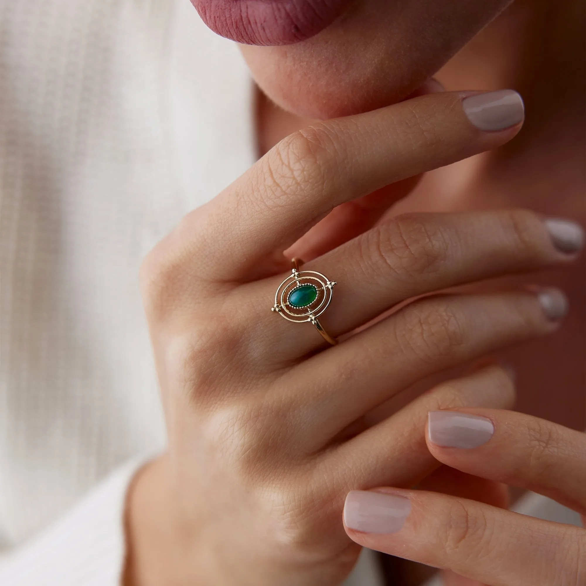 14k Gold Light Green Compass Ring