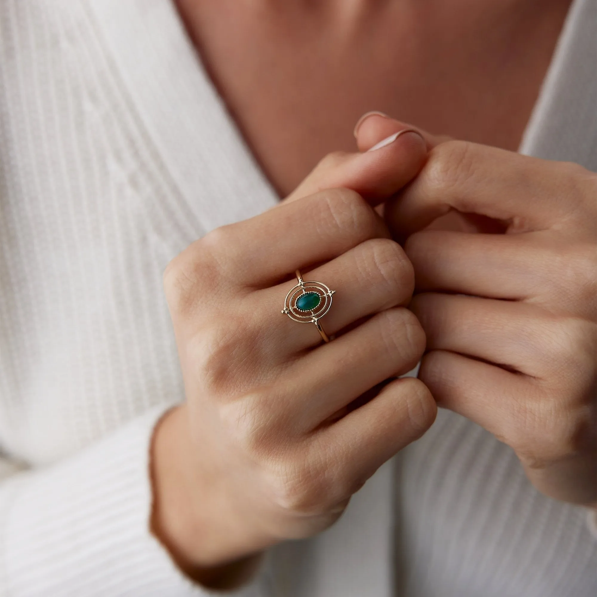 14k Gold Light Green Compass Ring