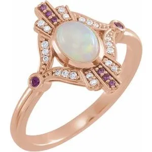 14K Rose Cabochon Ethiopian Opal, Pink Sapphire & .06 CTW Diamond Ring