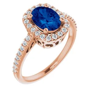 14K Rose Chatham® Created Blue Sapphire & 1/3 CTW Diamond Ring