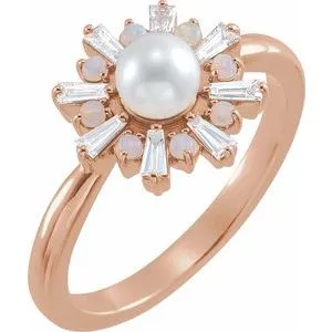 14K Rose  Cultured White Akoya Pearl, White Opal & 1/4 CTW Diamond