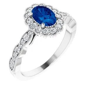 14K White Chatham® Created Blue Sapphire & 3/8 CTW Diamond Ring