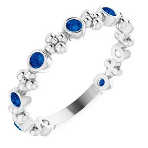 14K White Chatham® Created Blue Sapphire Beaded Ring