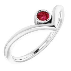 14K White Chatham® Ruby Solitaire Bezel-Set "V" Ring