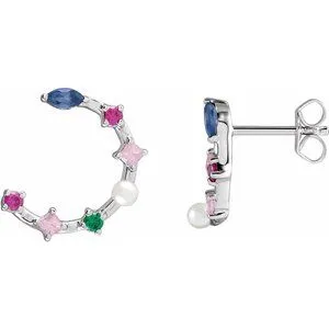 14K White Cultured Freshwater Pearl & Natural Multi-Gemstone Earrings