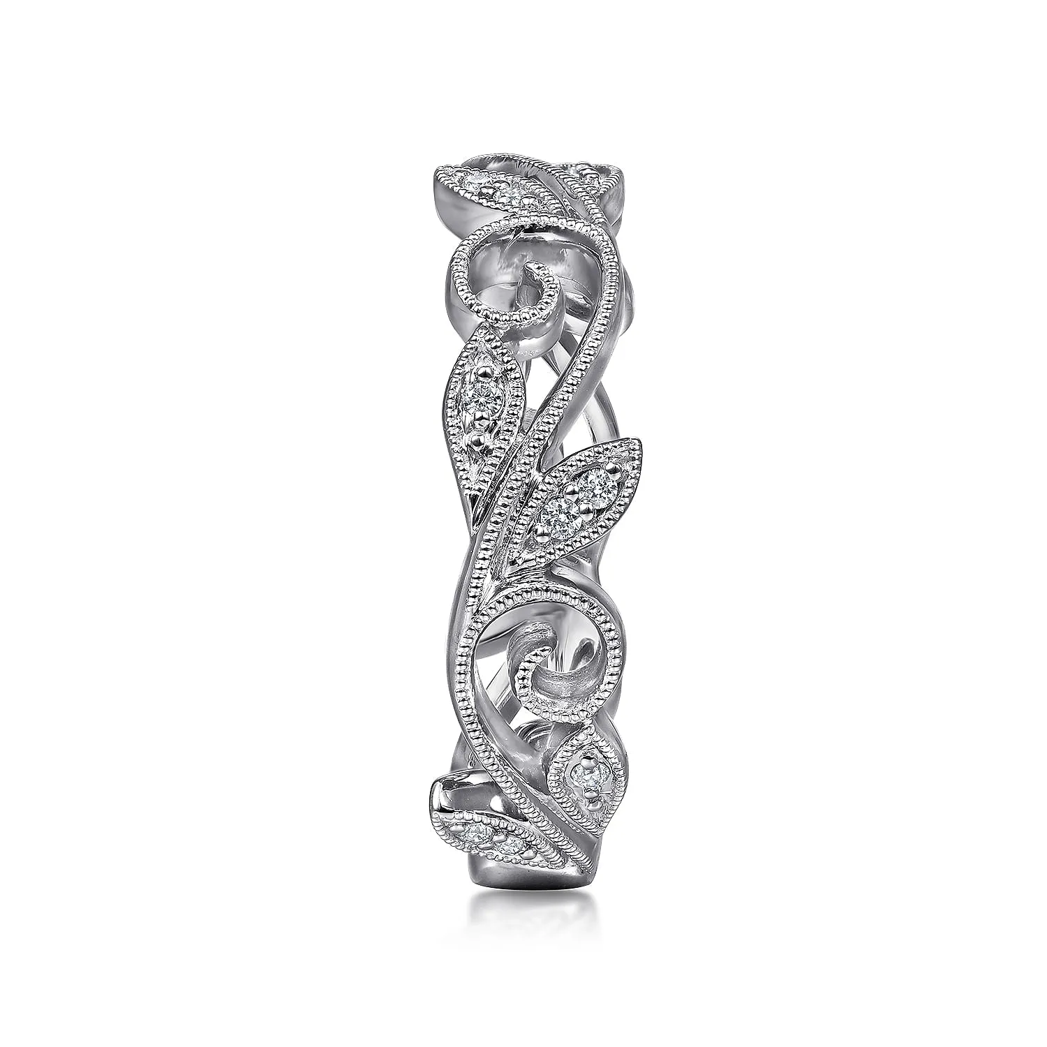 14K White Gold .09cttw Diamond Scrolling Floral Stackable Fashion Ring