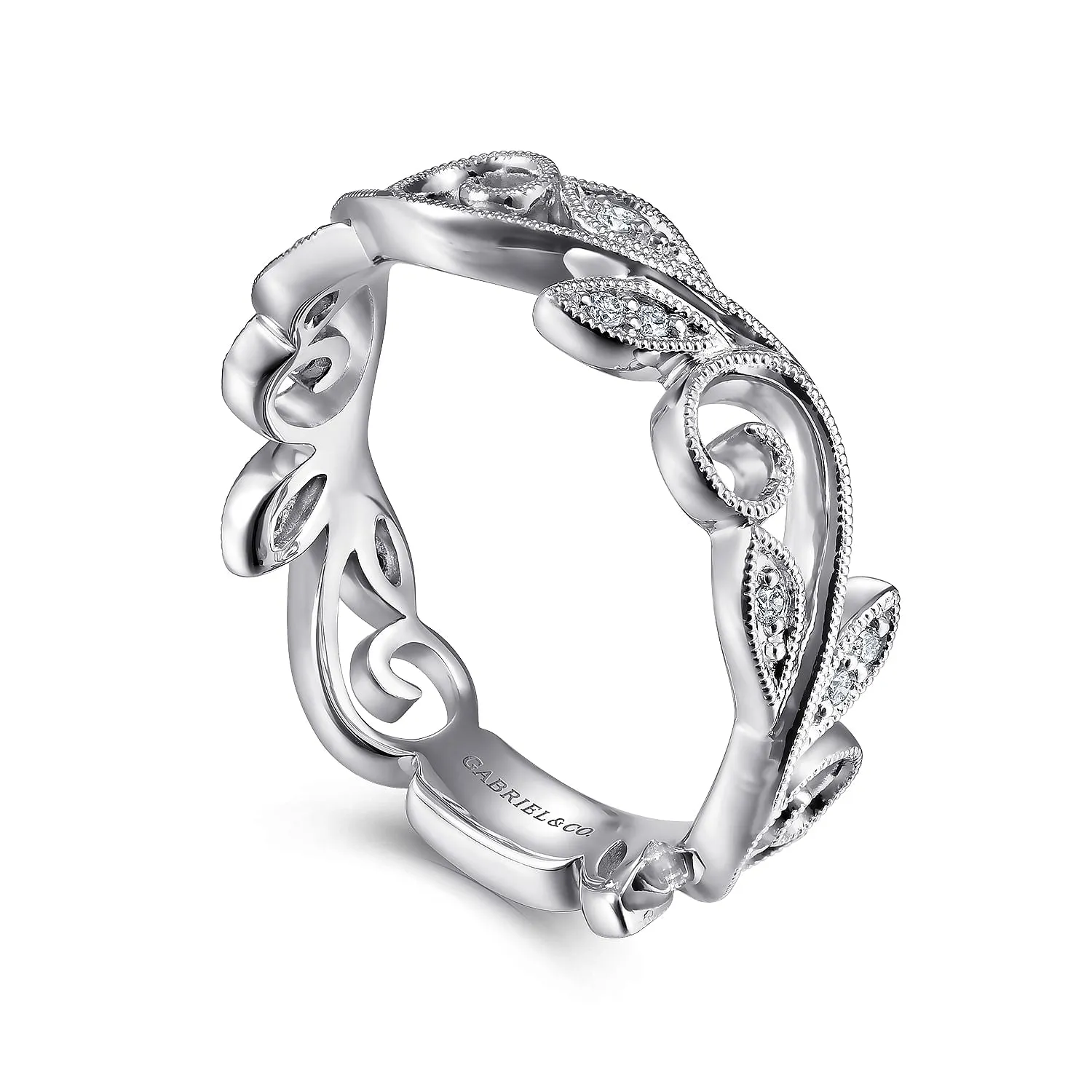 14K White Gold .09cttw Diamond Scrolling Floral Stackable Fashion Ring