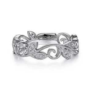 14K White Gold .09cttw Diamond Scrolling Floral Stackable Fashion Ring