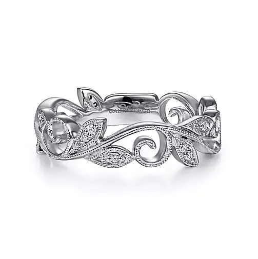 14K White Gold .09cttw Diamond Scrolling Floral Stackable Fashion Ring