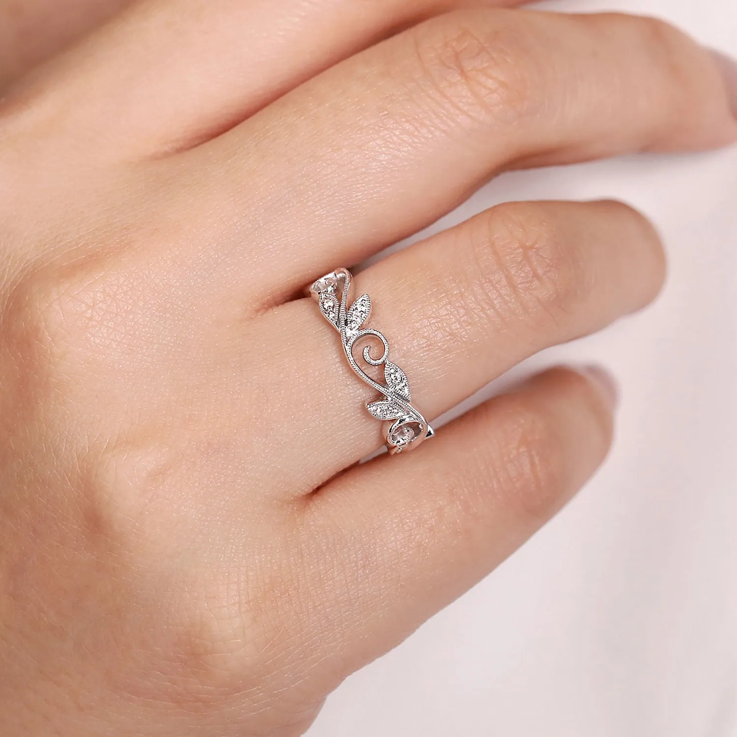 14K White Gold .09cttw Diamond Scrolling Floral Stackable Fashion Ring