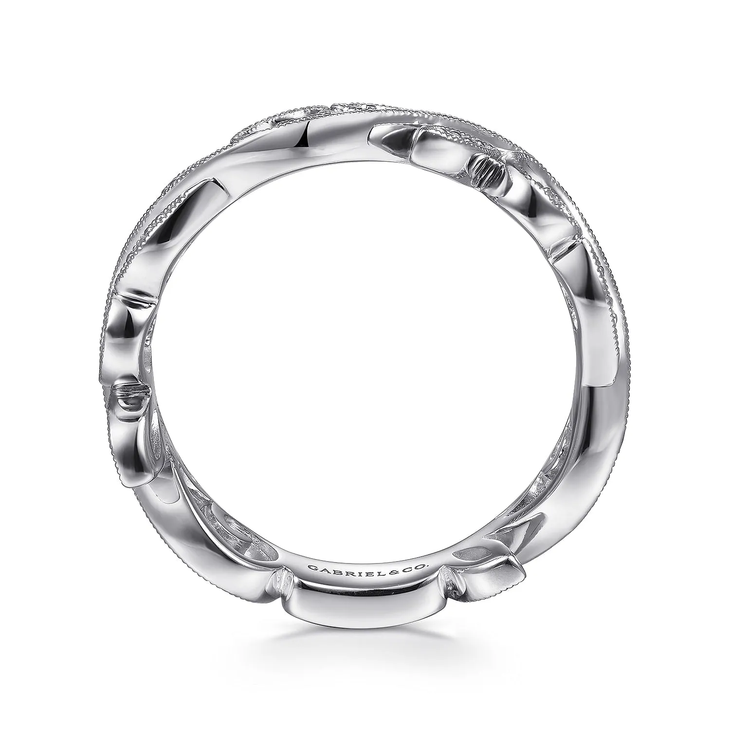 14K White Gold .09cttw Diamond Scrolling Floral Stackable Fashion Ring