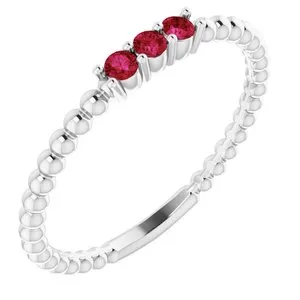 14K White Lab-Grown Ruby Beaded Ring