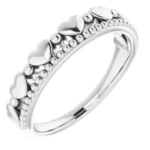 14K White Stackable Beaded Heart Ring