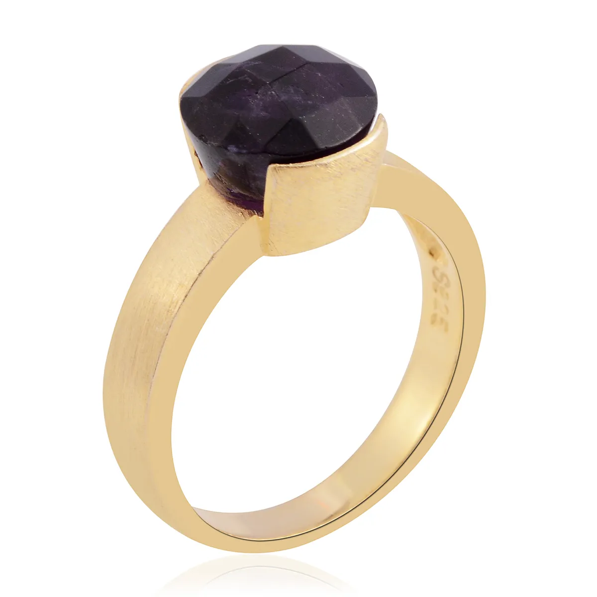 14K Yellow Gold Matte Finish Sterling Silver AMETHYST Solitaire Rings (Size 7)