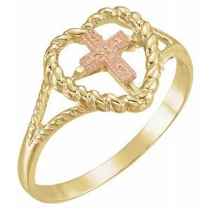 14K Yellow/Rose Heart Rope Ring with Cross
