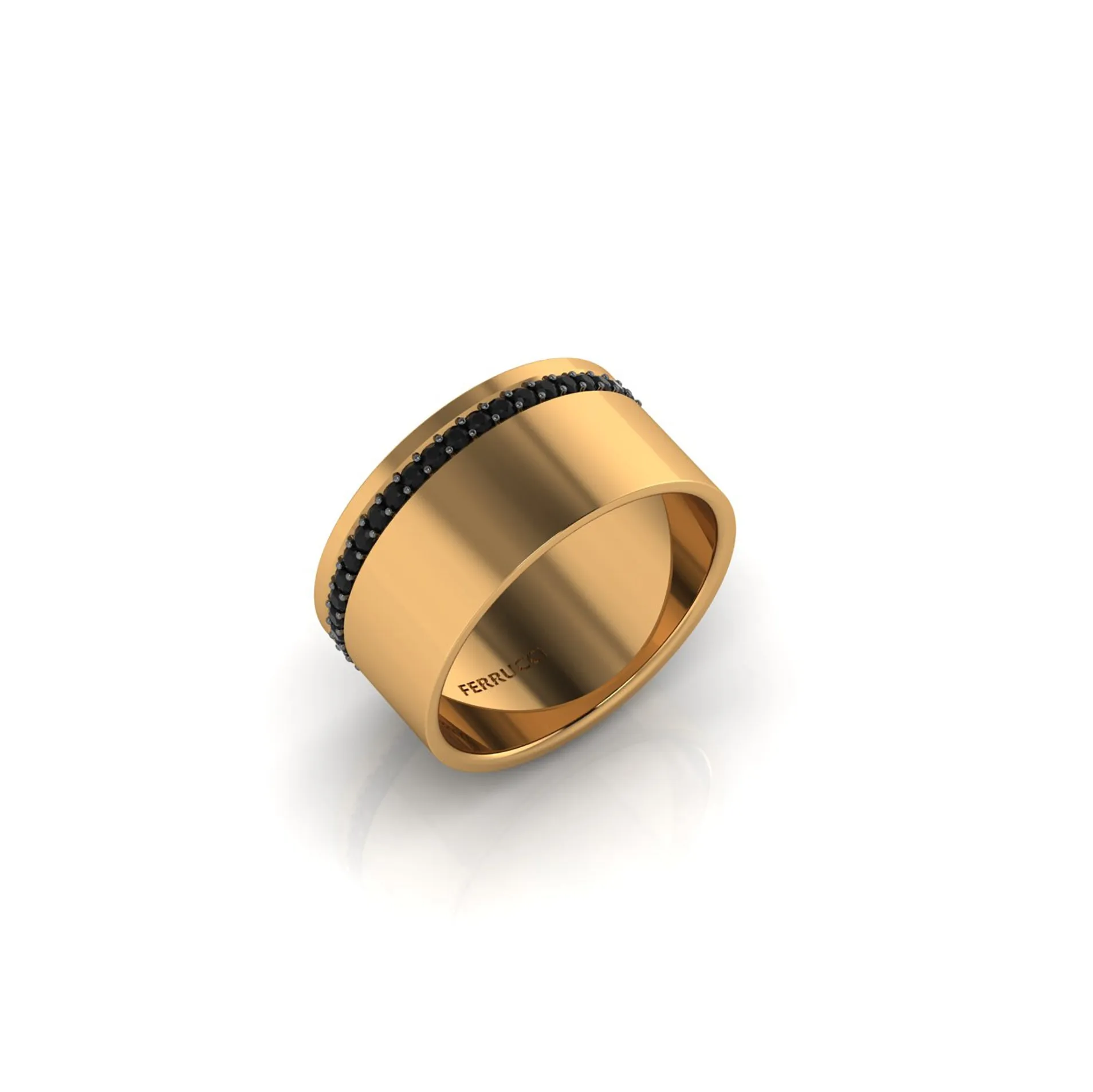 18 Karat Yellow Gold Wide Flat Band Black Diamonds Pavé Stackable Ring