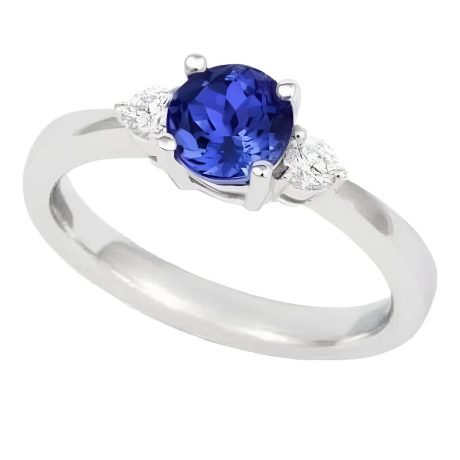 18ct White Gold Round Cut Tanzanite & Diamond Trilogy Ring