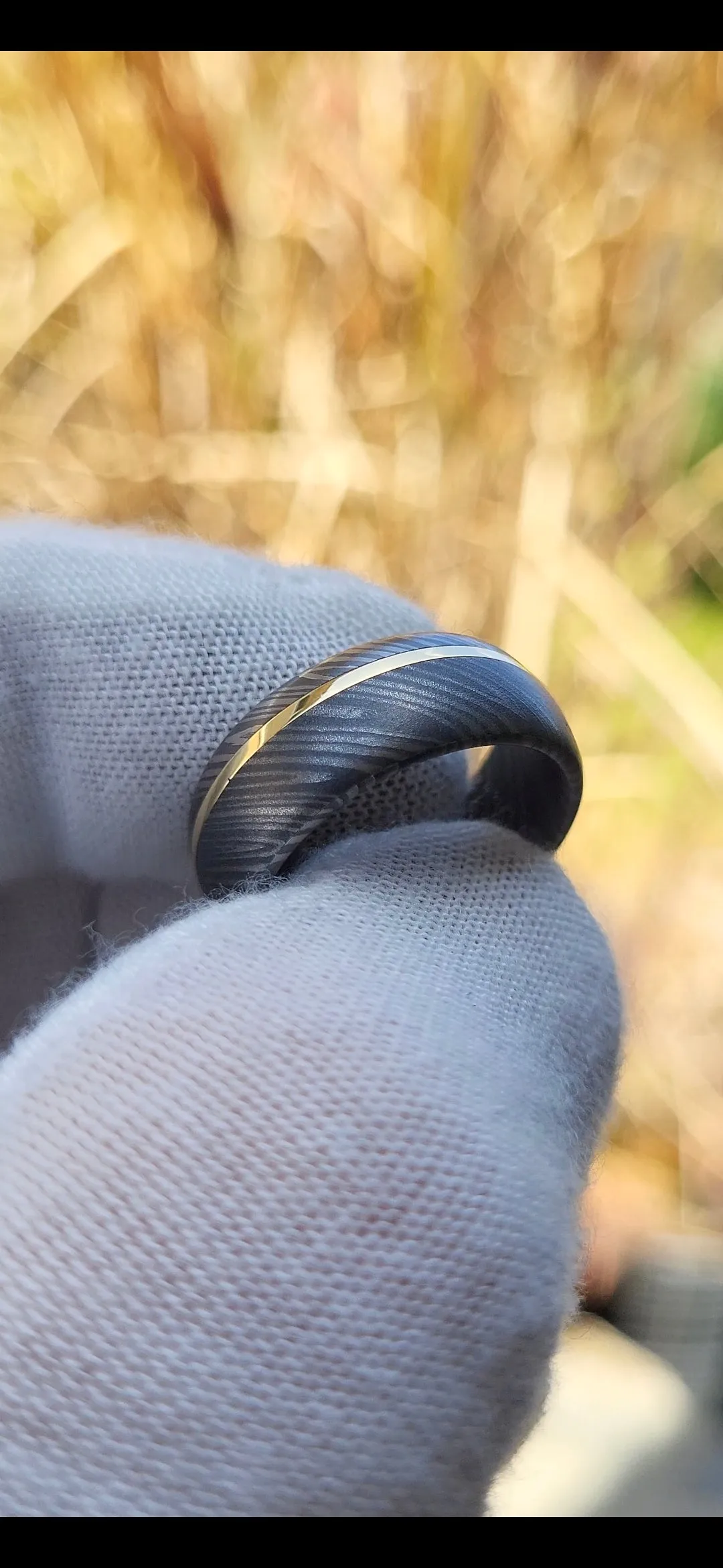 18k gold 8mm niobium / zirconium damascus wedding band, mens rings domed wedding band
