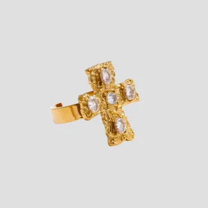 18k Gold Gemstone Cross Adjustable Ring