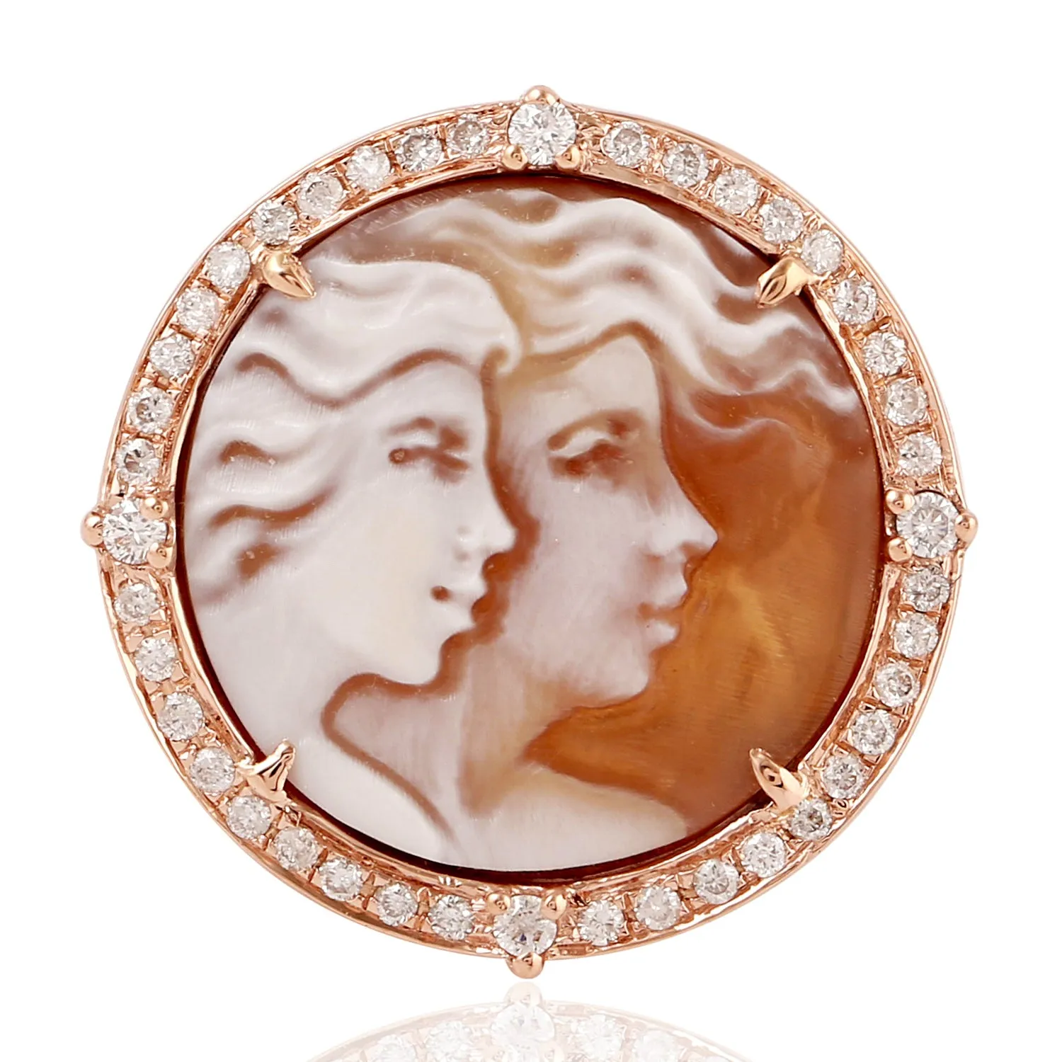18k Rose Gold Prong Shell Cameo Pave Diamond Cocktail Ring Jewelry
