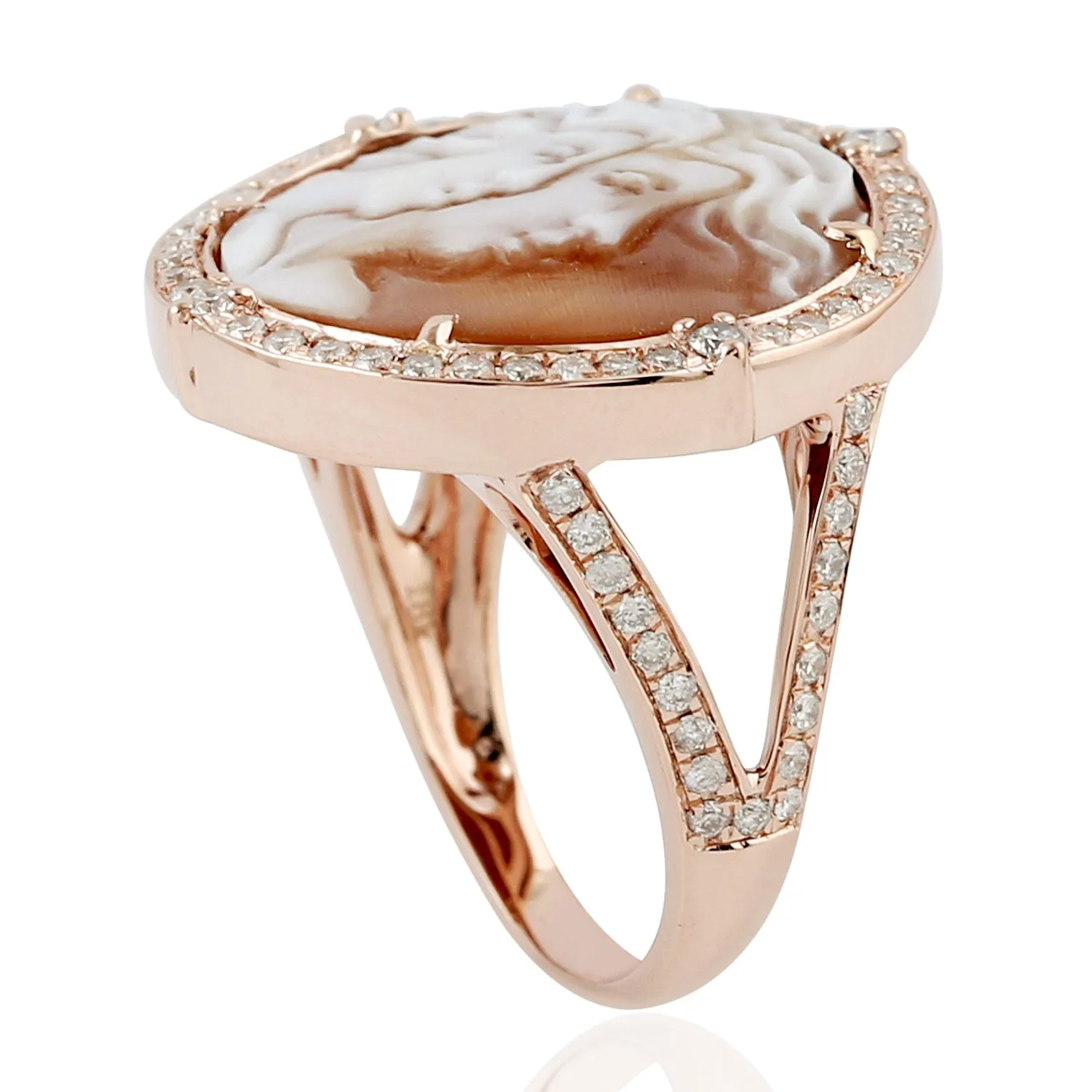18k Rose Gold Prong Shell Cameo Pave Diamond Cocktail Ring Jewelry