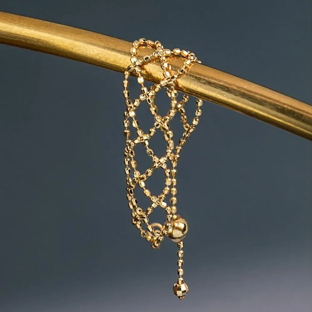 18K Solid Gold Bead Beaded Rings Braided Fashion Beautiful Jewelry Adjustable Size