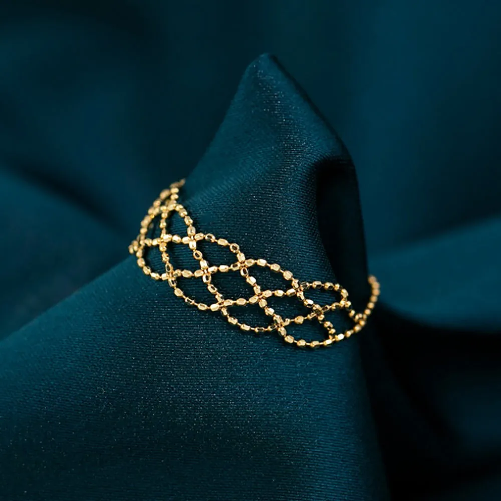 18K Solid Gold Bead Beaded Rings Braided Fashion Beautiful Jewelry Adjustable Size