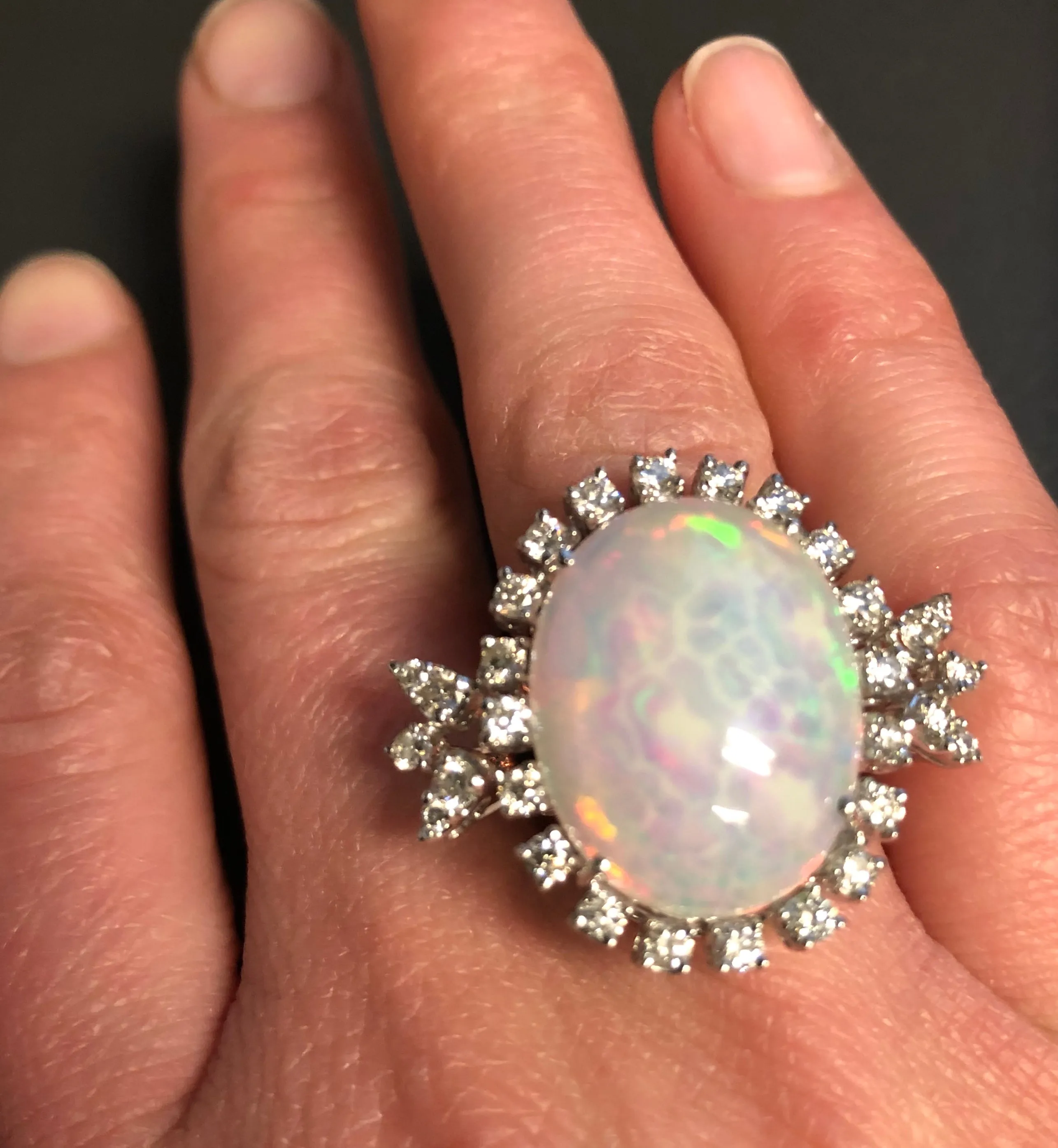 18K White Gold 13.57 CT Crystal Opal with 1.12 CTW Diamond Ring