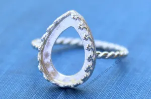 18x13mm Crown Pear Tear drop Bezel ROPE Ring blank Silver