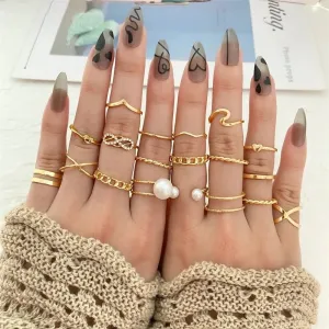 19 Pcs Bohemian Golden Pearl Punk Ring Set