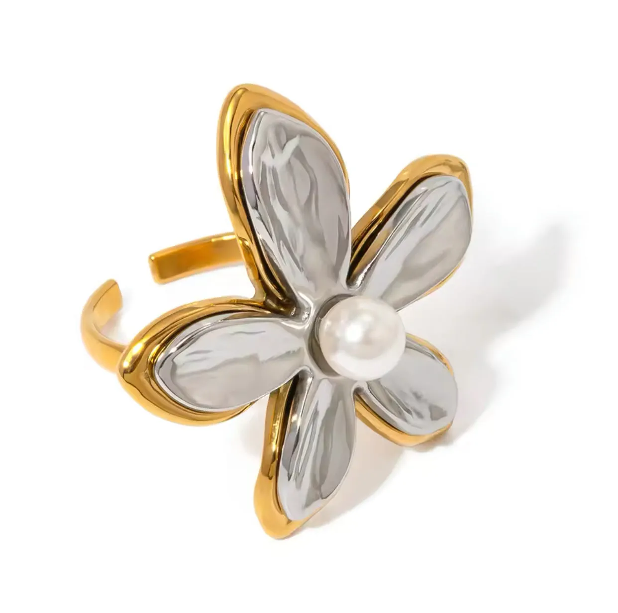 2-Tone Flower Pearl 18k Gold Ring